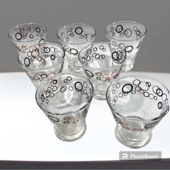 Anchor Hocking Gold and Black Circles Clear Atomic Shot Liquor GlassSet of 7